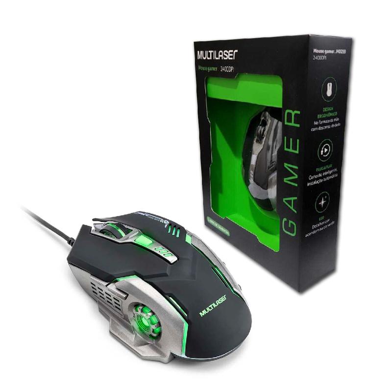 Mouse Gamer Multilaser 2400dpi Preto Grafite Led Verde Mo269 Cód